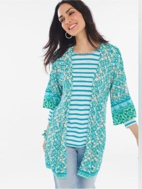 NEW Chicos 1 Open Front Knit Cardigan 3/4 Sleeve Print Sweater soft tile 8-10